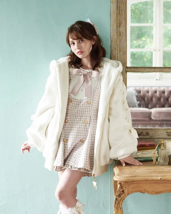 High Quality Japanese Winter New Sweet Cute Mine Cute Rabbit Ear Plush Cotton Coat Jacket Girl Lolita Fur Coats Women Parkas