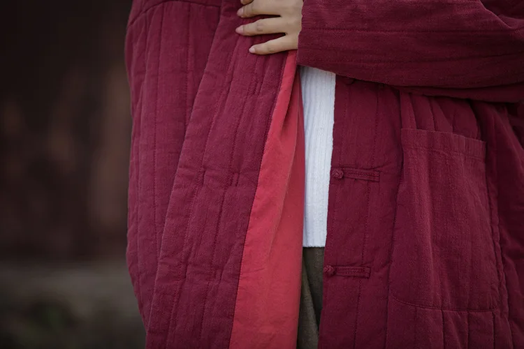 Johnature Women Chinese Style Linen Parkas Stand Long Sleeve Winter Coats Striped Button Plus Cotton 2025 New Loose Warm Parkas
