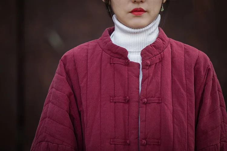 Johnature Women Chinese Style Linen Parkas Stand Long Sleeve Winter Coats Striped Button Plus Cotton 2025 New Loose Warm Parkas