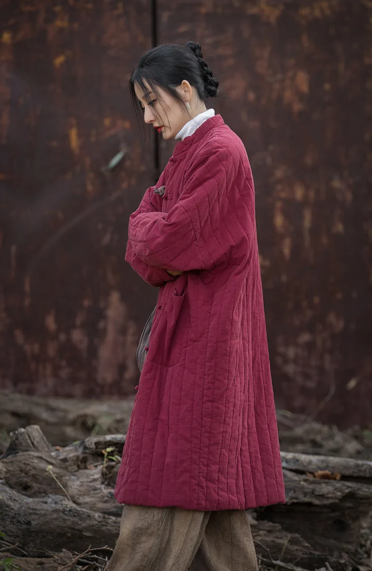 Johnature Women Chinese Style Linen Parkas Stand Long Sleeve Winter Coats Striped Button Plus Cotton 2025 New Loose Warm Parkas