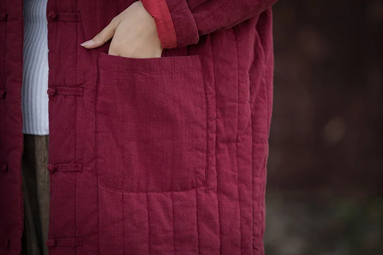 Johnature Women Chinese Style Linen Parkas Stand Long Sleeve Winter Coats Striped Button Plus Cotton 2025 New Loose Warm Parkas