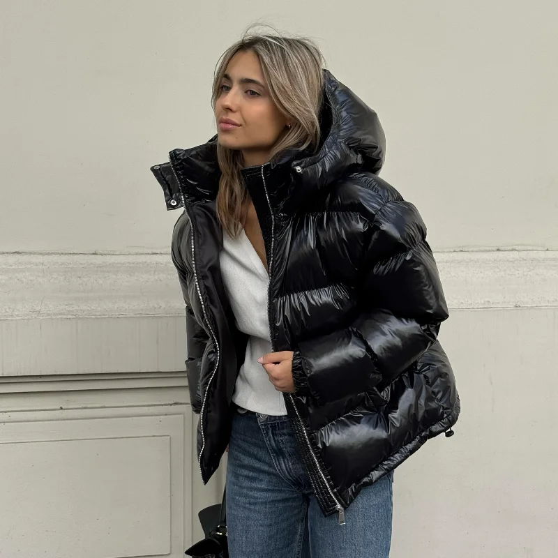 Fashion Shiny Solid Hooded Quilted Jacket Women Stand Collar Long Sleeve Zipper Pocket Street Warm Coat 2026 Winter Lady Outwear
