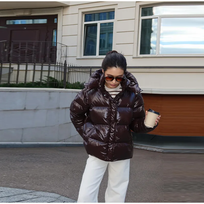Fashion Shiny Solid Hooded Quilted Jacket Women Stand Collar Long Sleeve Zipper Pocket Street Warm Coat 2026 Winter Lady Outwear