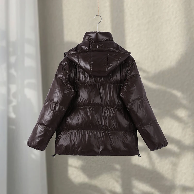 Fashion Shiny Solid Hooded Quilted Jacket Women Stand Collar Long Sleeve Zipper Pocket Street Warm Coat 2026 Winter Lady Outwear