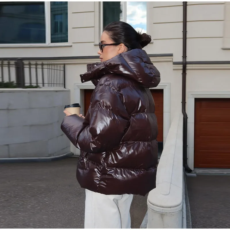 Fashion Shiny Solid Hooded Quilted Jacket Women Stand Collar Long Sleeve Zipper Pocket Street Warm Coat 2026 Winter Lady Outwear