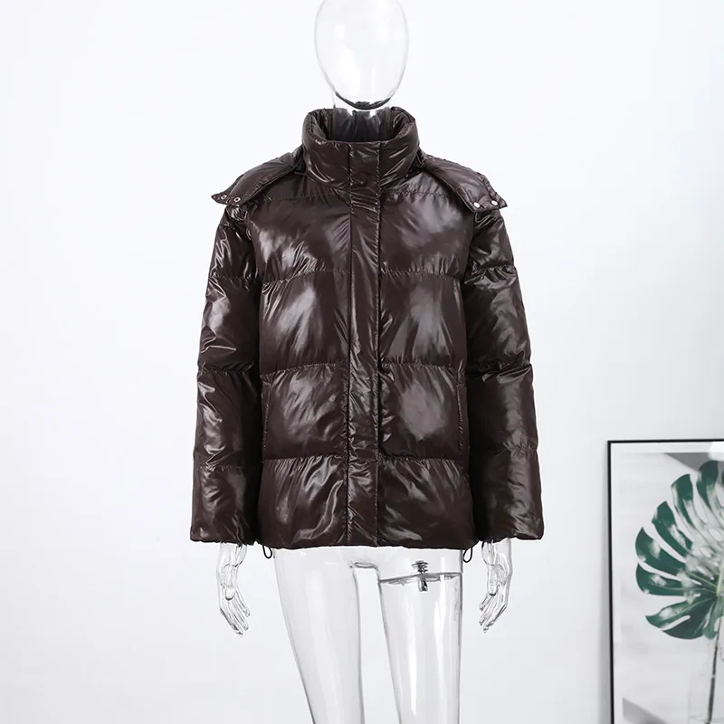 Fashion Shiny Solid Hooded Quilted Jacket Women Stand Collar Long Sleeve Zipper Pocket Street Warm Coat 2026 Winter Lady Outwear