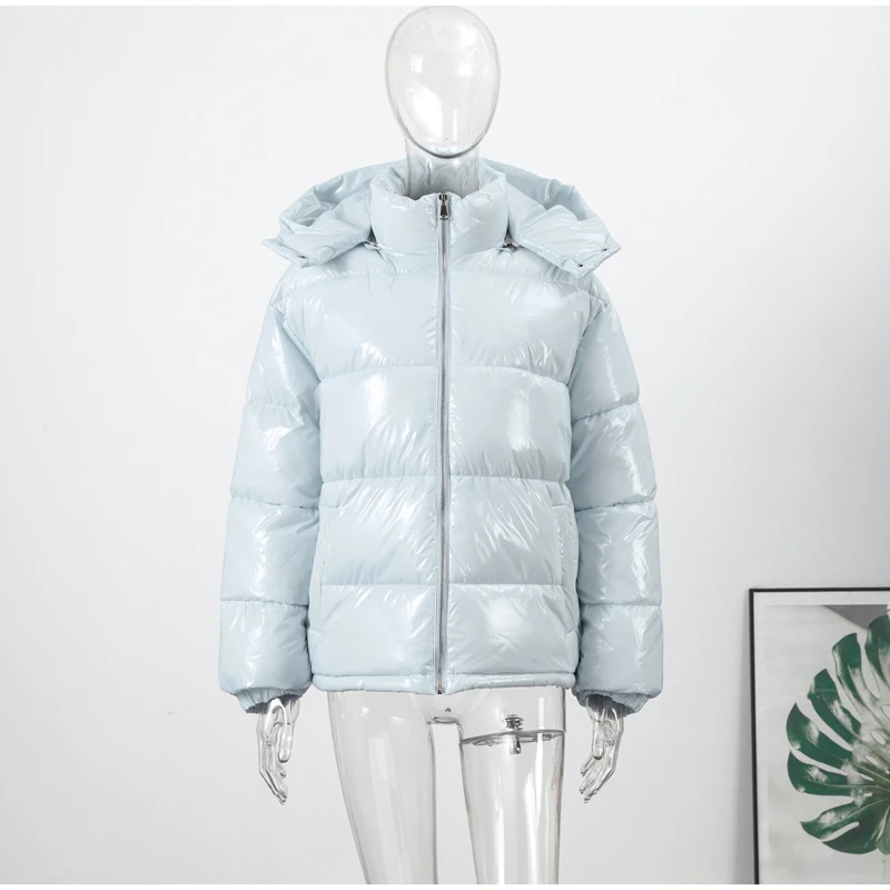 Fashion Shiny Solid Hooded Quilted Jacket Women Stand Collar Long Sleeve Zipper Pocket Street Warm Coat 2026 Winter Lady Outwear