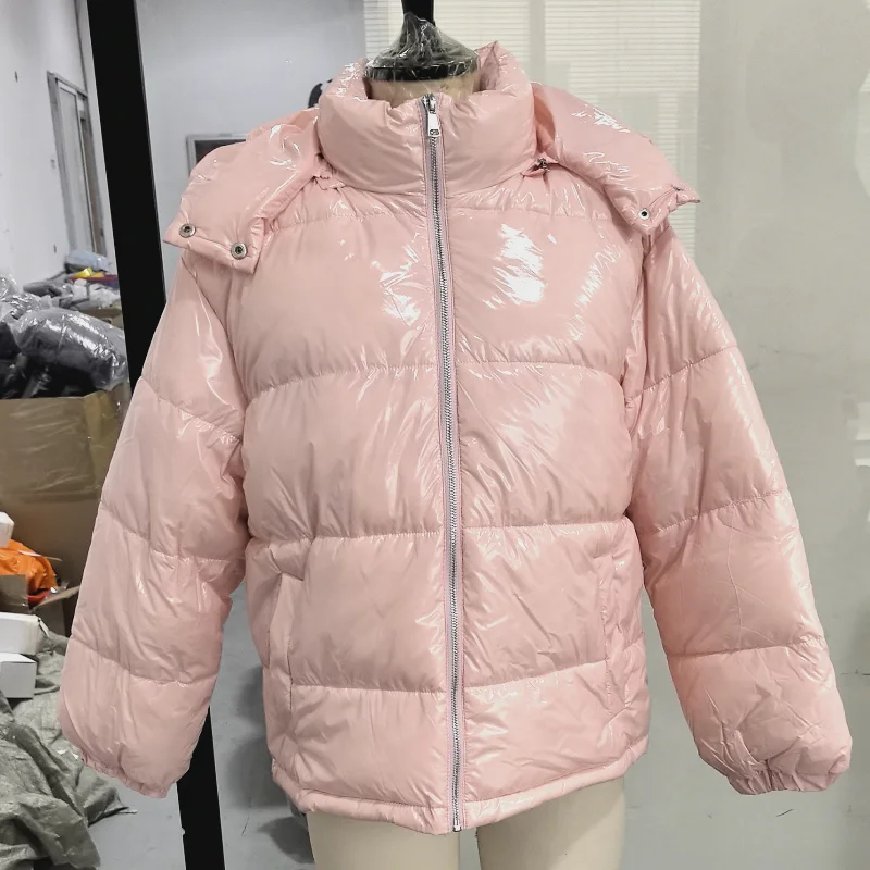 Fashion Shiny Solid Hooded Quilted Jacket Women Stand Collar Long Sleeve Zipper Pocket Street Warm Coat 2026 Winter Lady Outwear