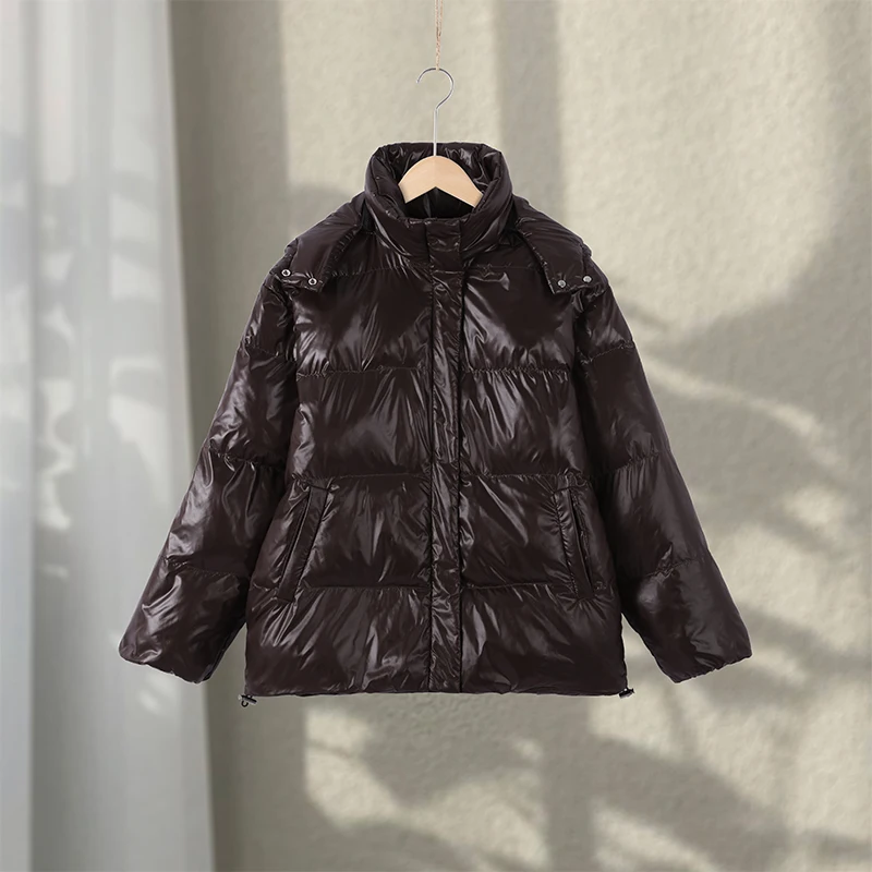 Fashion Shiny Solid Hooded Quilted Jacket Women Stand Collar Long Sleeve Zipper Pocket Street Warm Coat 2026 Winter Lady Outwear
