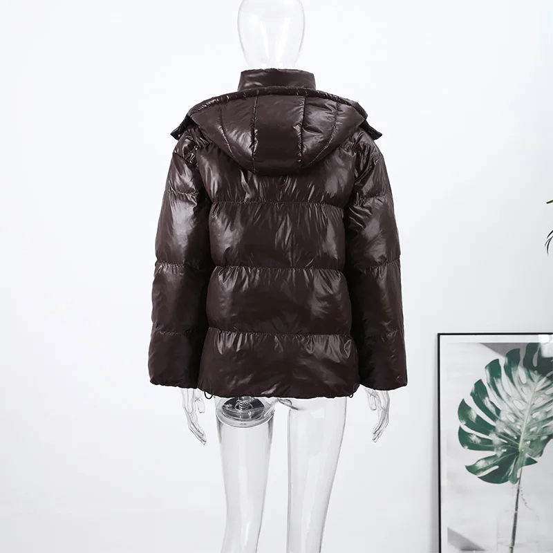 Fashion Shiny Solid Hooded Quilted Jacket Women Stand Collar Long Sleeve Zipper Pocket Street Warm Coat 2026 Winter Lady Outwear