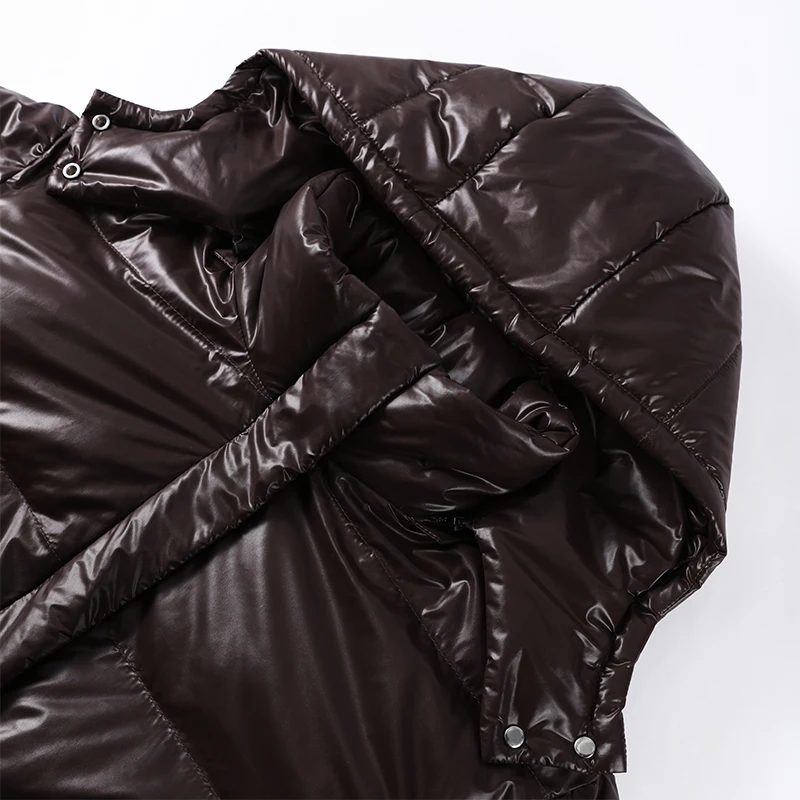 Fashion Shiny Solid Hooded Quilted Jacket Women Stand Collar Long Sleeve Zipper Pocket Street Warm Coat 2026 Winter Lady Outwear