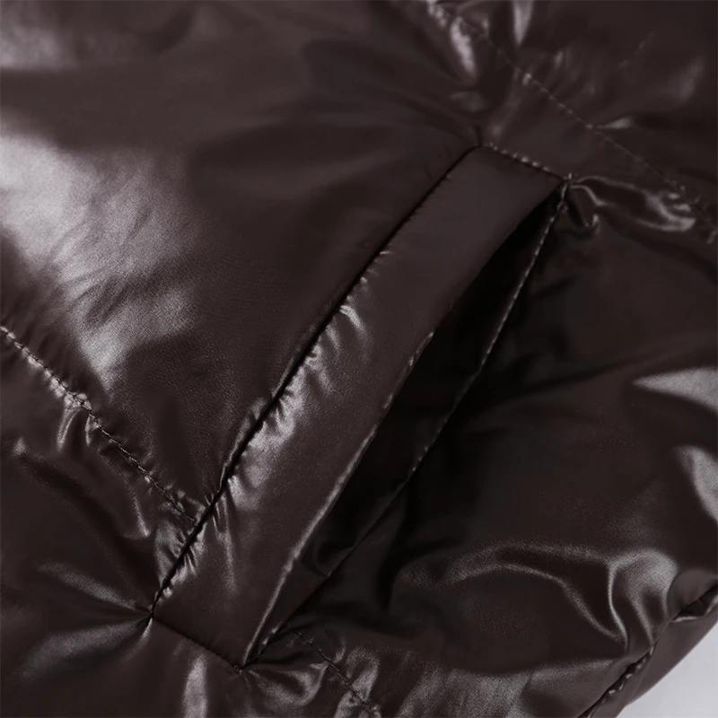 Fashion Shiny Solid Hooded Quilted Jacket Women Stand Collar Long Sleeve Zipper Pocket Street Warm Coat 2026 Winter Lady Outwear