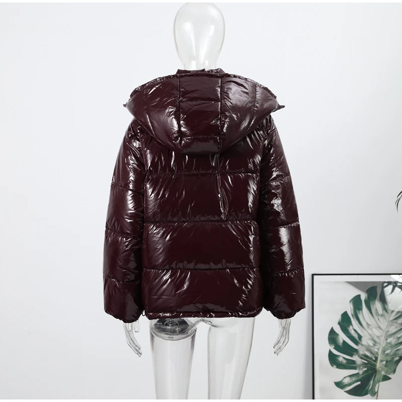 Fashion Shiny Solid Hooded Quilted Jacket Women Stand Collar Long Sleeve Zipper Pocket Street Warm Coat 2026 Winter Lady Outwear