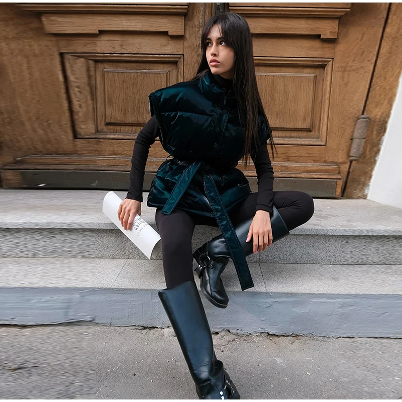 2026 Winter Shiny Hooded Cotton Jacket With Belt Women Elegant Long Sleeve Zipper Lace Up Coats Lady Y2K Street Warm Outerwear