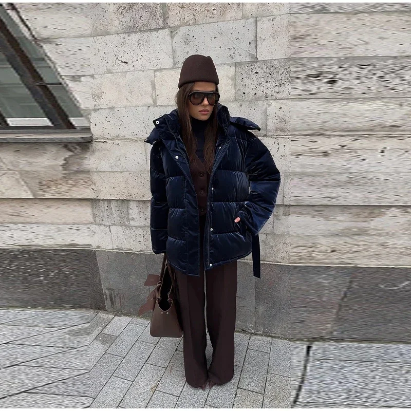 2026 Winter Shiny Hooded Cotton Jacket With Belt Women Elegant Long Sleeve Zipper Lace Up Coats Lady Y2K Street Warm Outerwear