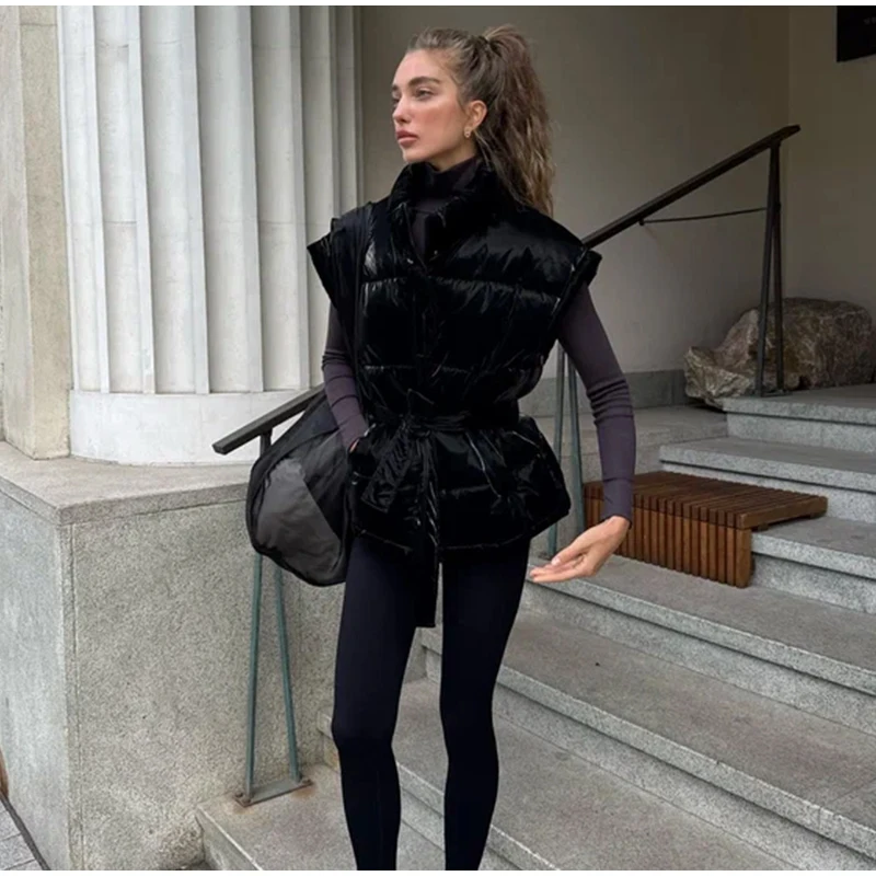 2026 Winter Shiny Hooded Cotton Jacket With Belt Women Elegant Long Sleeve Zipper Lace Up Coats Lady Y2K Street Warm Outerwear