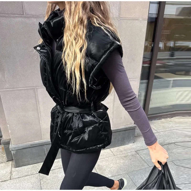 2026 Winter Shiny Hooded Cotton Jacket With Belt Women Elegant Long Sleeve Zipper Lace Up Coats Lady Y2K Street Warm Outerwear