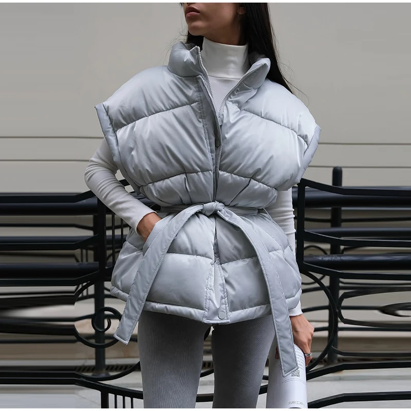 2026 Winter Shiny Hooded Cotton Jacket With Belt Women Elegant Long Sleeve Zipper Lace Up Coats Lady Y2K Street Warm Outerwear
