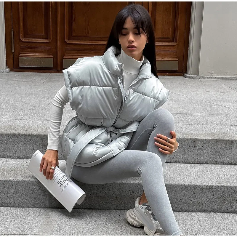 2026 Winter Shiny Hooded Cotton Jacket With Belt Women Elegant Long Sleeve Zipper Lace Up Coats Lady Y2K Street Warm Outerwear