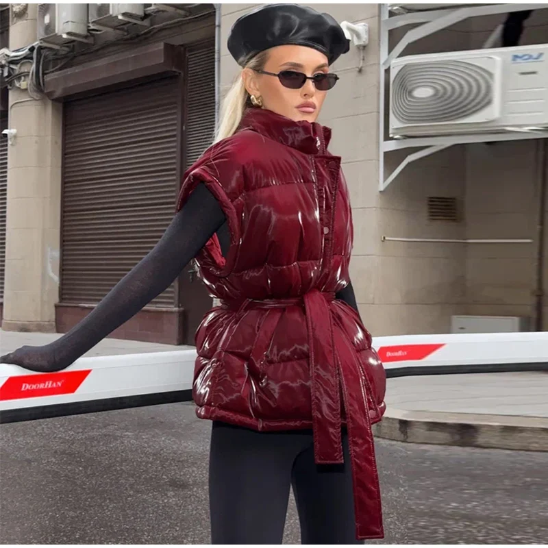2026 Winter Shiny Hooded Cotton Jacket With Belt Women Elegant Long Sleeve Zipper Lace Up Coats Lady Y2K Street Warm Outerwear