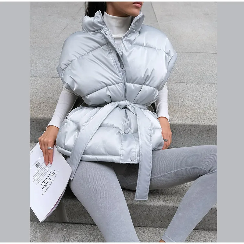 2026 Winter Shiny Hooded Cotton Jacket With Belt Women Elegant Long Sleeve Zipper Lace Up Coats Lady Y2K Street Warm Outerwear