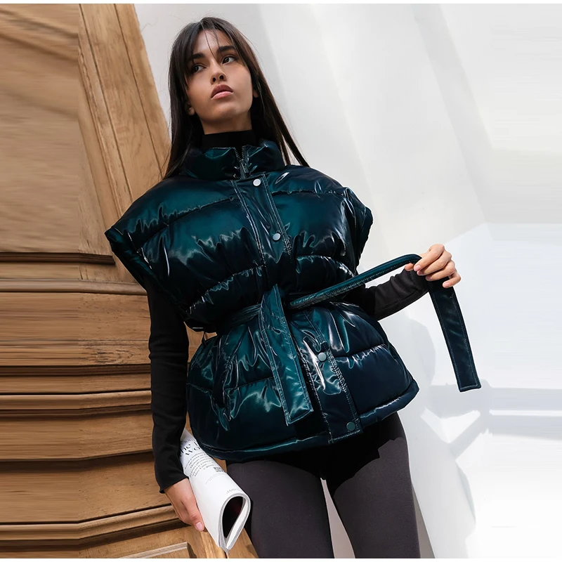 2026 Winter Shiny Hooded Cotton Jacket With Belt Women Elegant Long Sleeve Zipper Lace Up Coats Lady Y2K Street Warm Outerwear