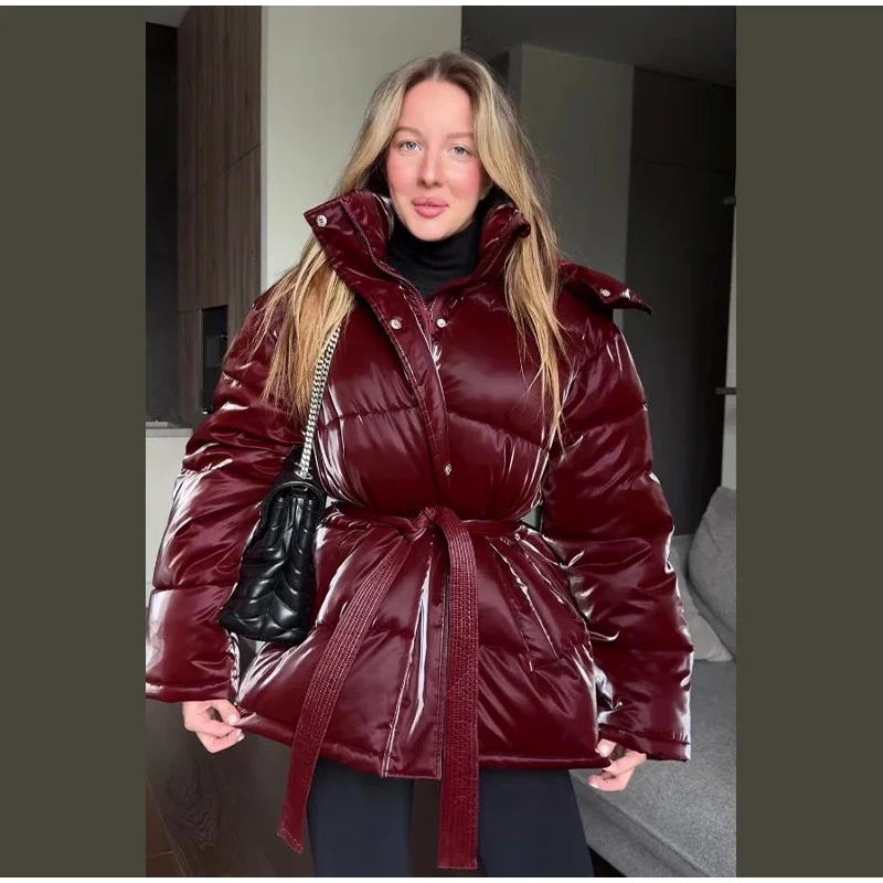 2026 Winter Shiny Hooded Cotton Jacket With Belt Women Elegant Long Sleeve Zipper Lace Up Coats Lady Y2K Street Warm Outerwear
