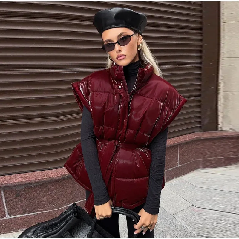 2026 Winter Shiny Hooded Cotton Jacket With Belt Women Elegant Long Sleeve Zipper Lace Up Coats Lady Y2K Street Warm Outerwear