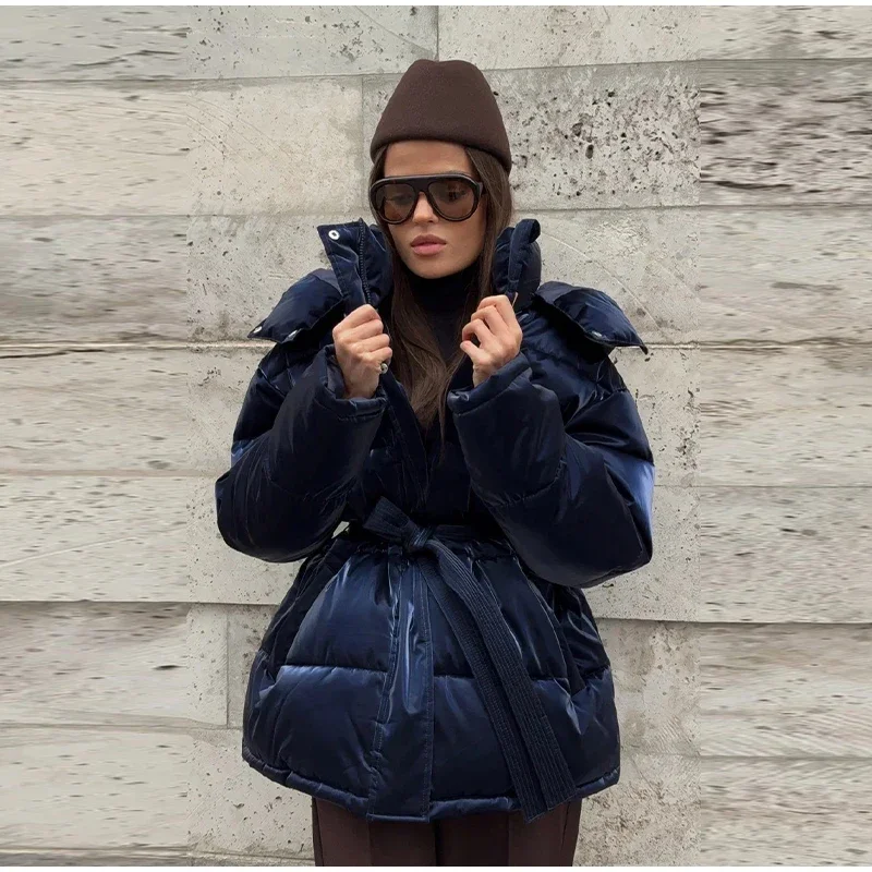 2026 Winter Shiny Hooded Cotton Jacket With Belt Women Elegant Long Sleeve Zipper Lace Up Coats Lady Y2K Street Warm Outerwear