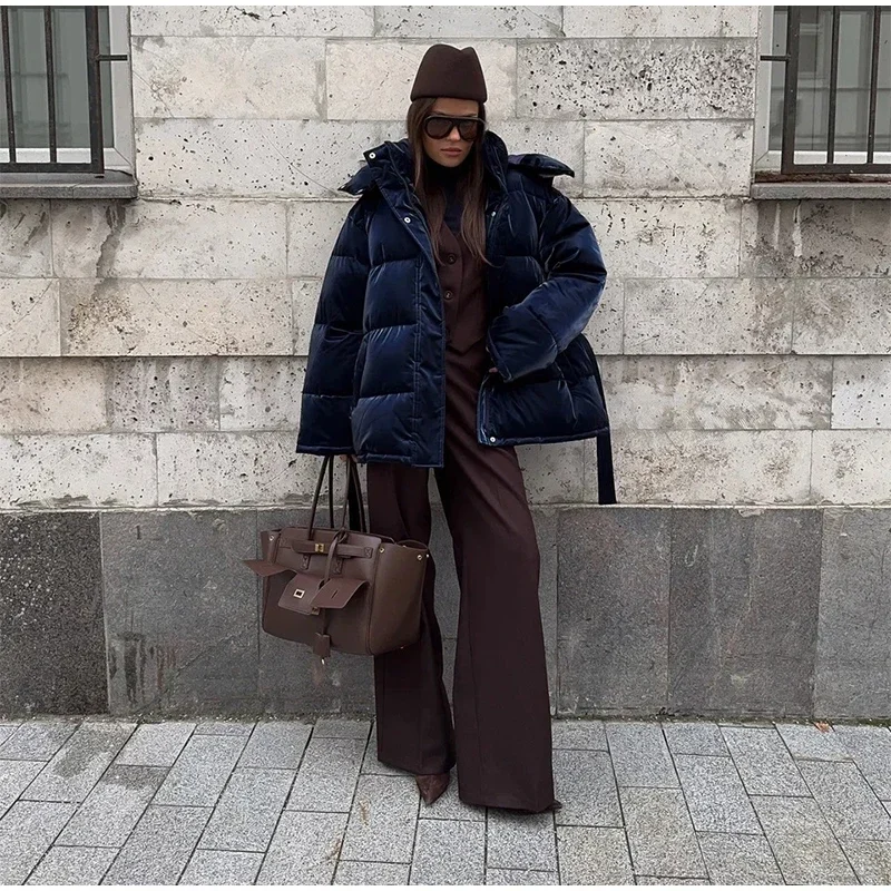 2026 Winter Shiny Hooded Cotton Jacket With Belt Women Elegant Long Sleeve Zipper Lace Up Coats Lady Y2K Street Warm Outerwear