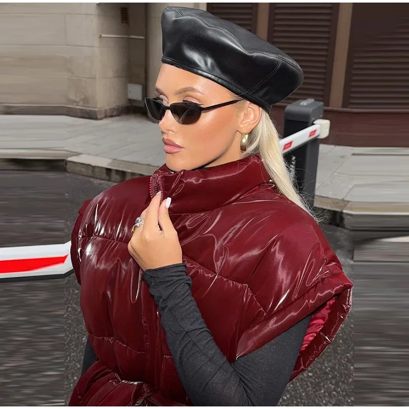 2026 Winter Shiny Hooded Cotton Jacket With Belt Women Elegant Long Sleeve Zipper Lace Up Coats Lady Y2K Street Warm Outerwear