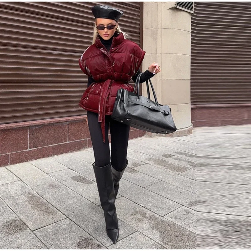 2026 Winter Shiny Hooded Cotton Jacket With Belt Women Elegant Long Sleeve Zipper Lace Up Coats Lady Y2K Street Warm Outerwear