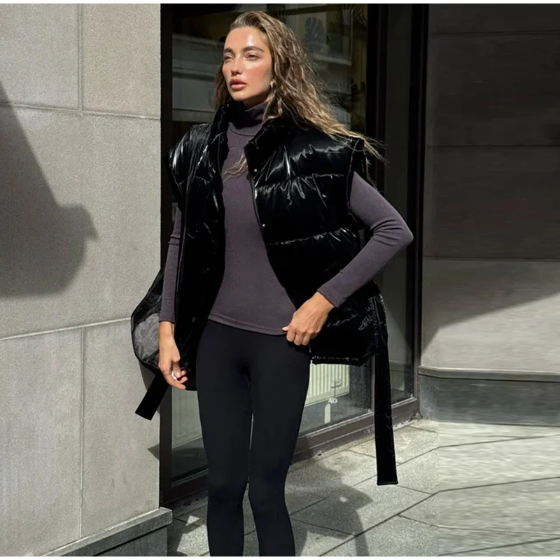 2026 Winter Shiny Hooded Cotton Jacket With Belt Women Elegant Long Sleeve Zipper Lace Up Coats Lady Y2K Street Warm Outerwear