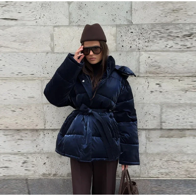 2026 Winter Shiny Hooded Cotton Jacket With Belt Women Elegant Long Sleeve Zipper Lace Up Coats Lady Y2K Street Warm Outerwear