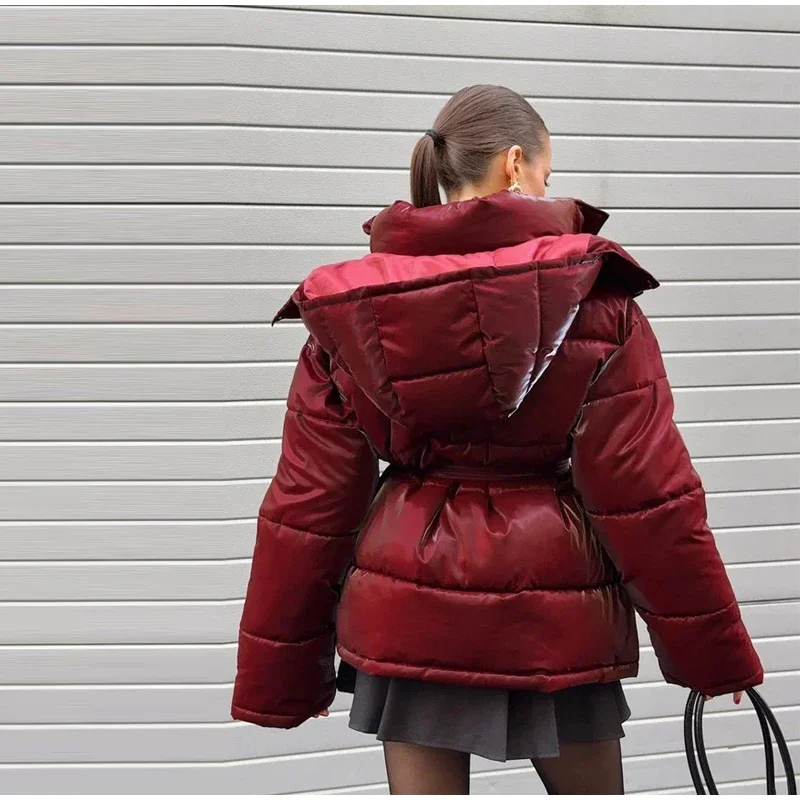 2026 Winter Shiny Hooded Cotton Jacket With Belt Women Elegant Long Sleeve Zipper Lace Up Coats Lady Y2K Street Warm Outerwear