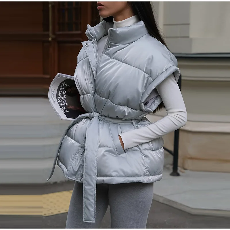2026 Winter Shiny Hooded Cotton Jacket With Belt Women Elegant Long Sleeve Zipper Lace Up Coats Lady Y2K Street Warm Outerwear