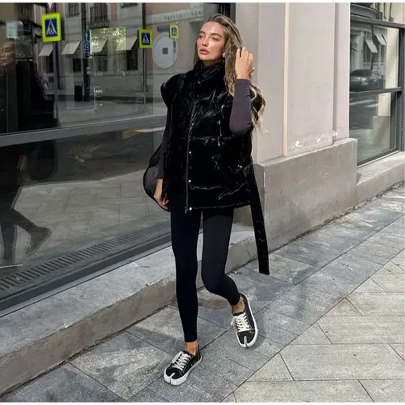 2026 Winter Shiny Hooded Cotton Jacket With Belt Women Elegant Long Sleeve Zipper Lace Up Coats Lady Y2K Street Warm Outerwear