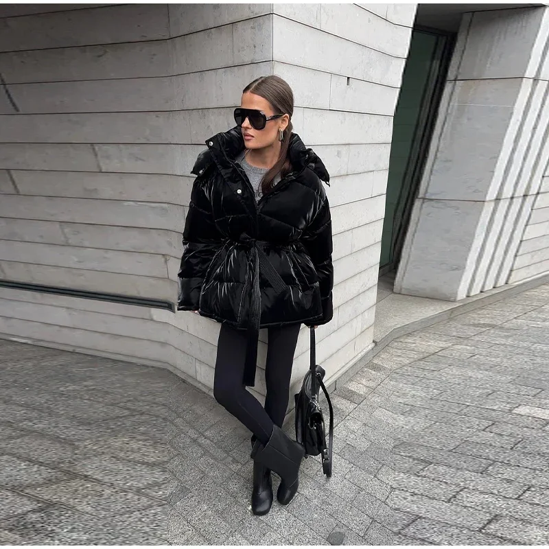 2026 Winter Shiny Hooded Cotton Jacket With Belt Women Elegant Long Sleeve Zipper Lace Up Coats Lady Y2K Street Warm Outerwear