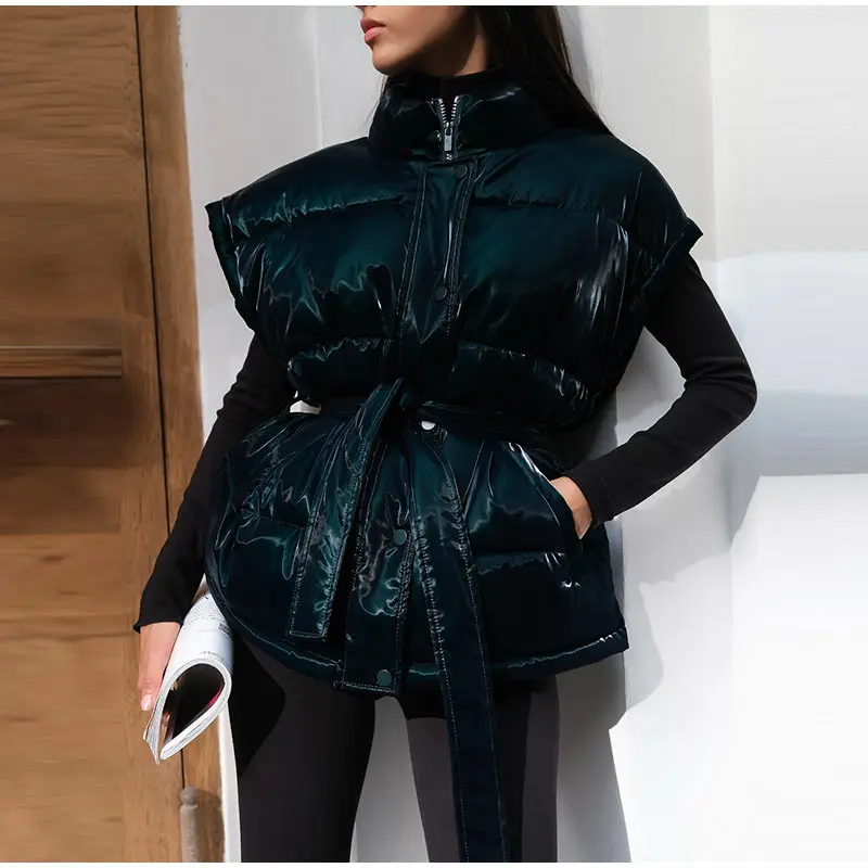 2026 Winter Shiny Hooded Cotton Jacket With Belt Women Elegant Long Sleeve Zipper Lace Up Coats Lady Y2K Street Warm Outerwear