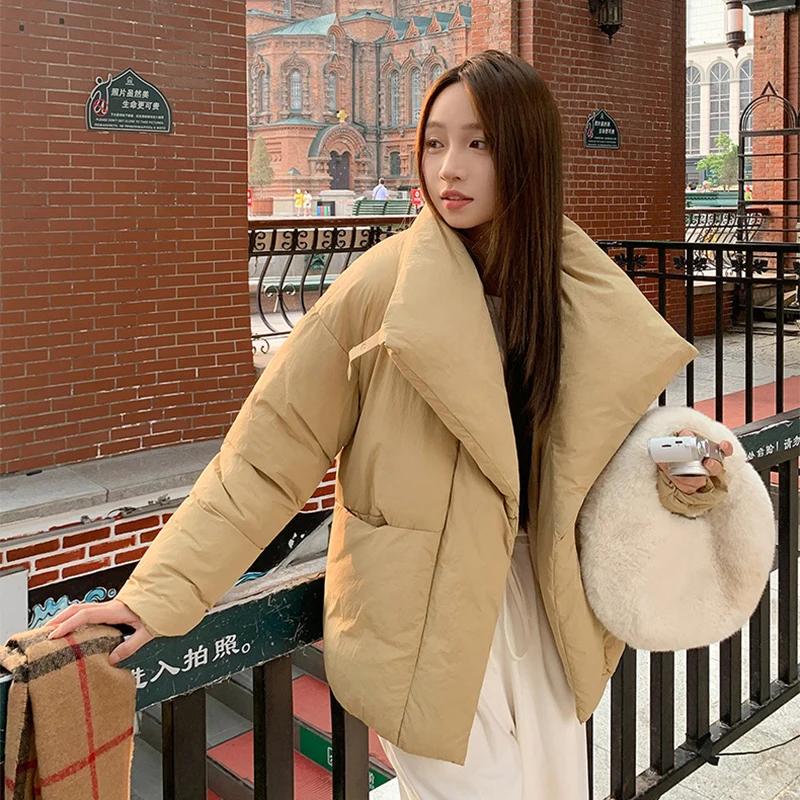 Women's Winter Lapel Puffer Jacket Loose Y2K Fashion Down Cotton Coat Woman Solid Color Casual Windproof Warm Cropped Parkas