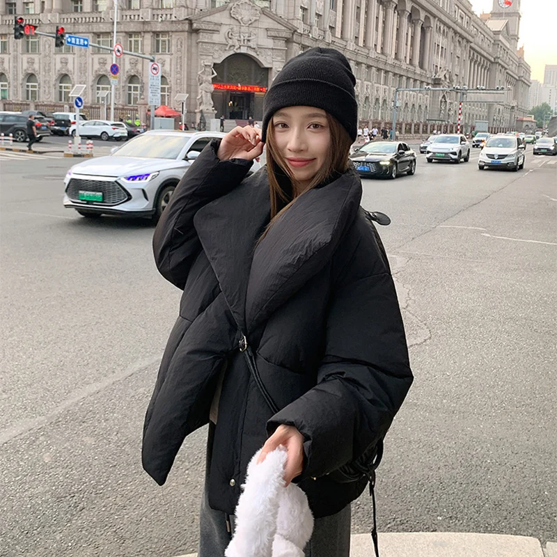 Women's Winter Lapel Puffer Jacket Loose Y2K Fashion Down Cotton Coat Woman Solid Color Casual Windproof Warm Cropped Parkas