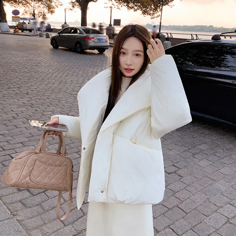 Women's Winter Lapel Puffer Jacket Loose Y2K Fashion Down Cotton Coat Woman Solid Color Casual Windproof Warm Cropped Parkas