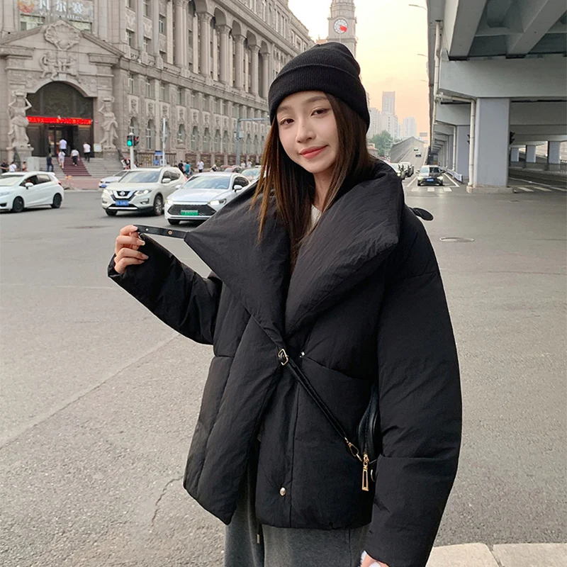 Women's Winter Lapel Puffer Jacket Loose Y2K Fashion Down Cotton Coat Woman Solid Color Casual Windproof Warm Cropped Parkas