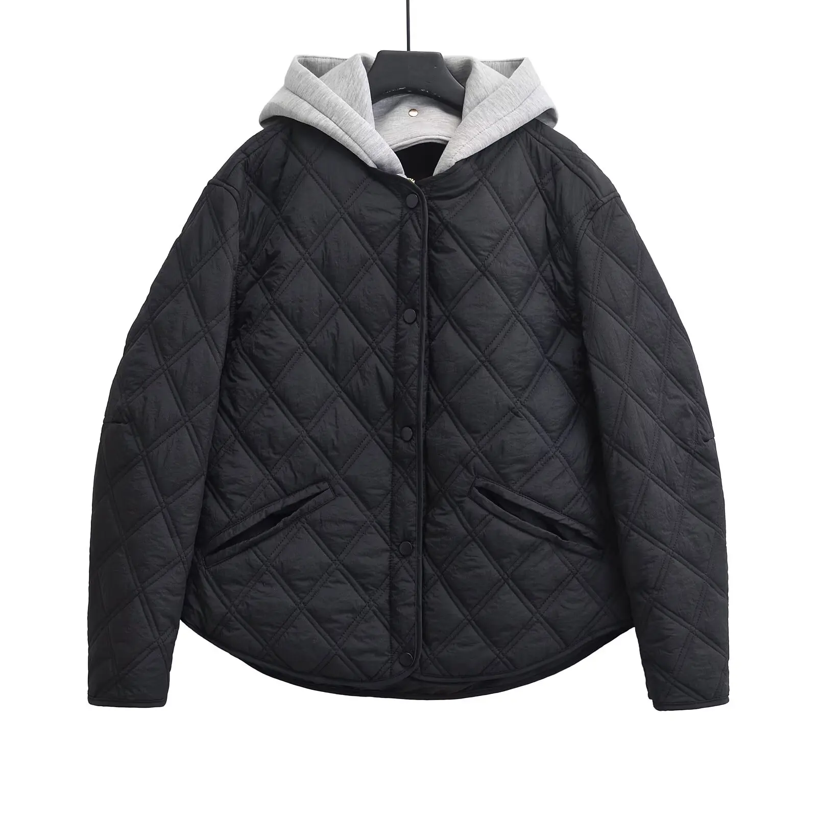 2026 New Fashion Autumn Winter Women's Casual Hooded Solid Black Padded Bomber Coats Female Basic Quilted Loose Parkas Jackets
