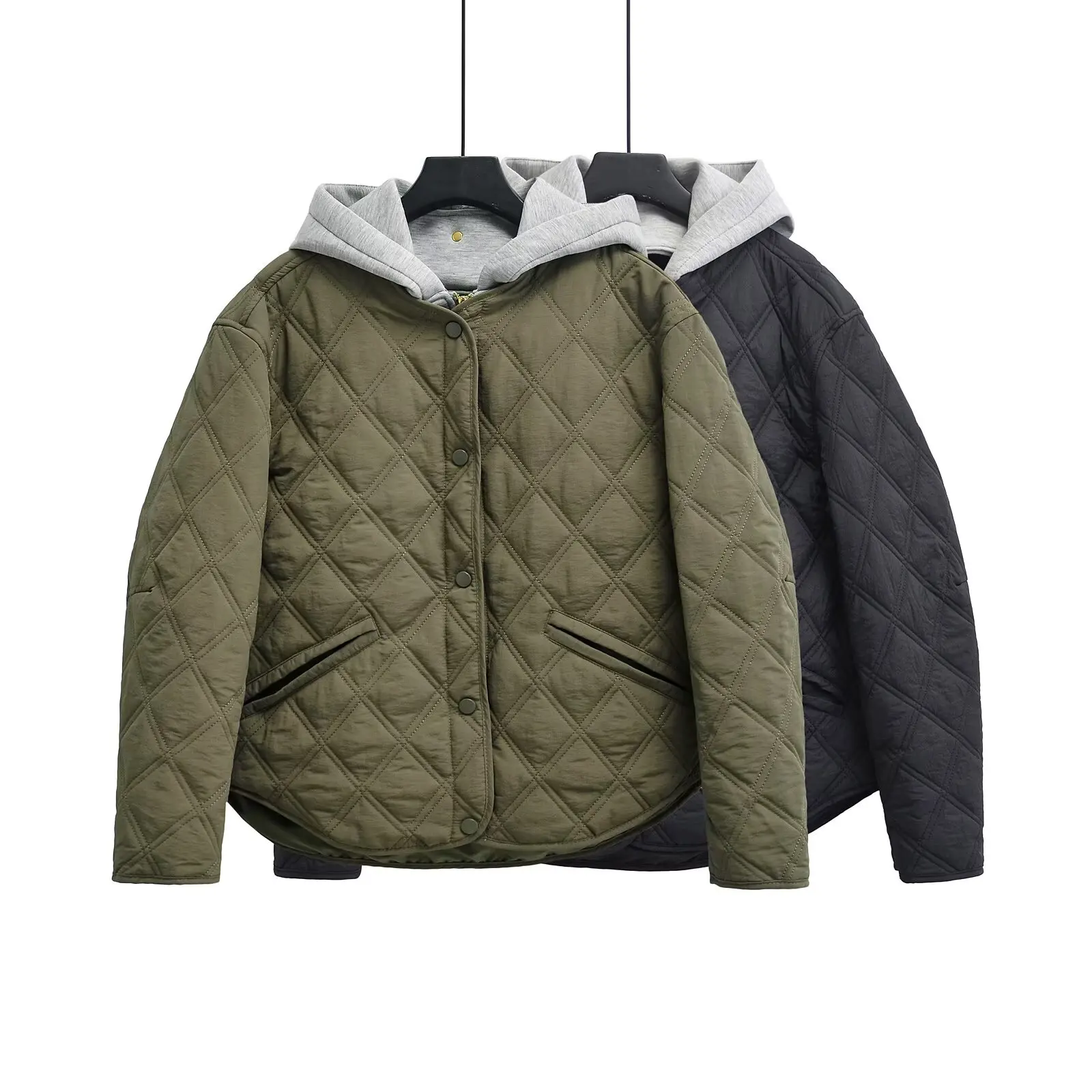 2026 New Fashion Autumn Winter Women's Casual Hooded Solid Black Padded Bomber Coats Female Basic Quilted Loose Parkas Jackets