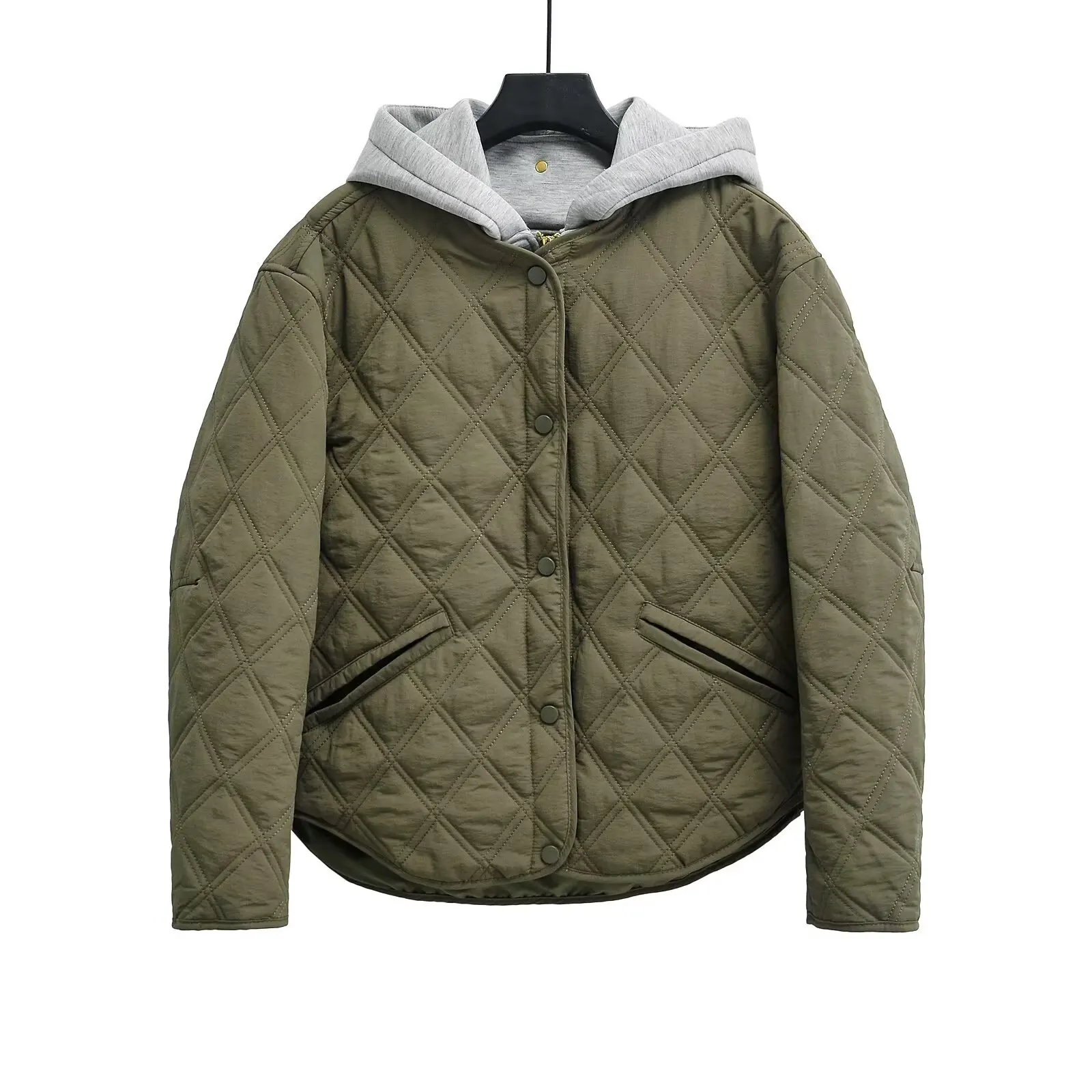 2026 New Fashion Autumn Winter Women's Casual Hooded Solid Black Padded Bomber Coats Female Basic Quilted Loose Parkas Jackets