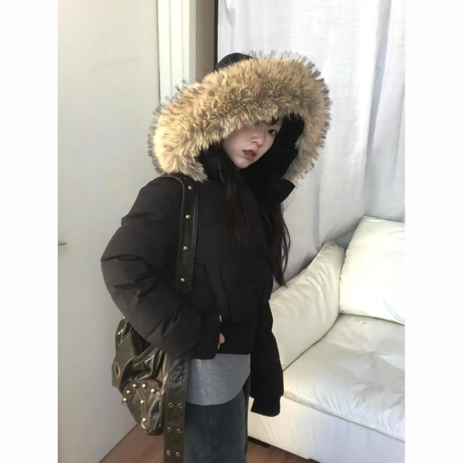 Korean Chic Slim Waist Short Parkas Y2k Harajuku Grunge Print Patchwork Fluffy Hooded Cotton Jacket Autumn Winter New Warm Top