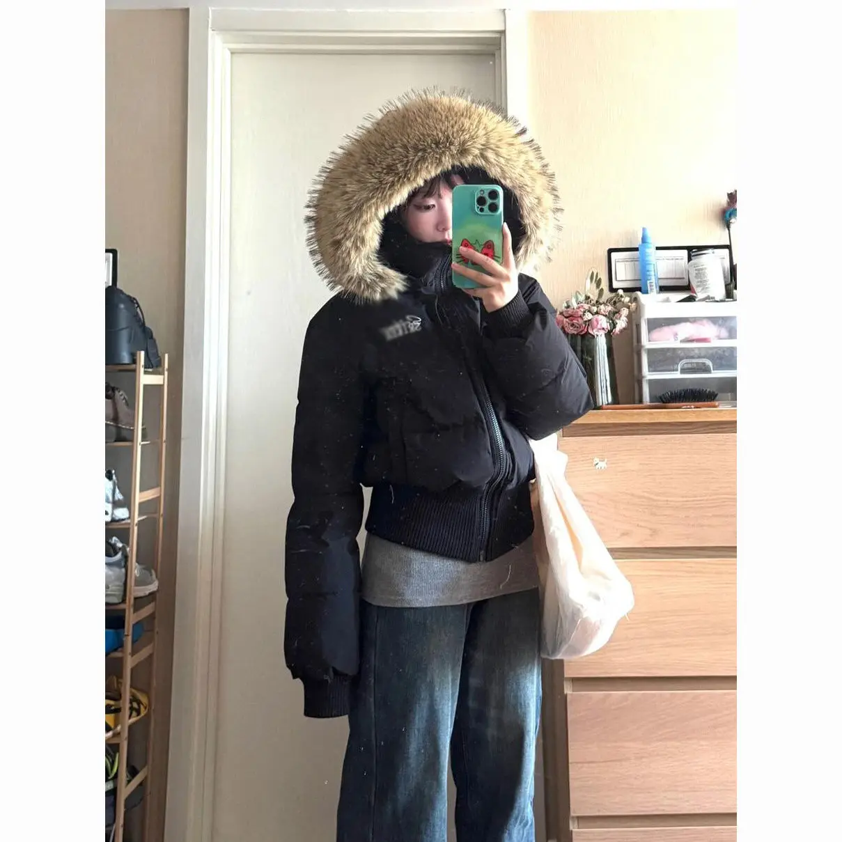 Korean Chic Slim Waist Short Parkas Y2k Harajuku Grunge Print Patchwork Fluffy Hooded Cotton Jacket Autumn Winter New Warm Top