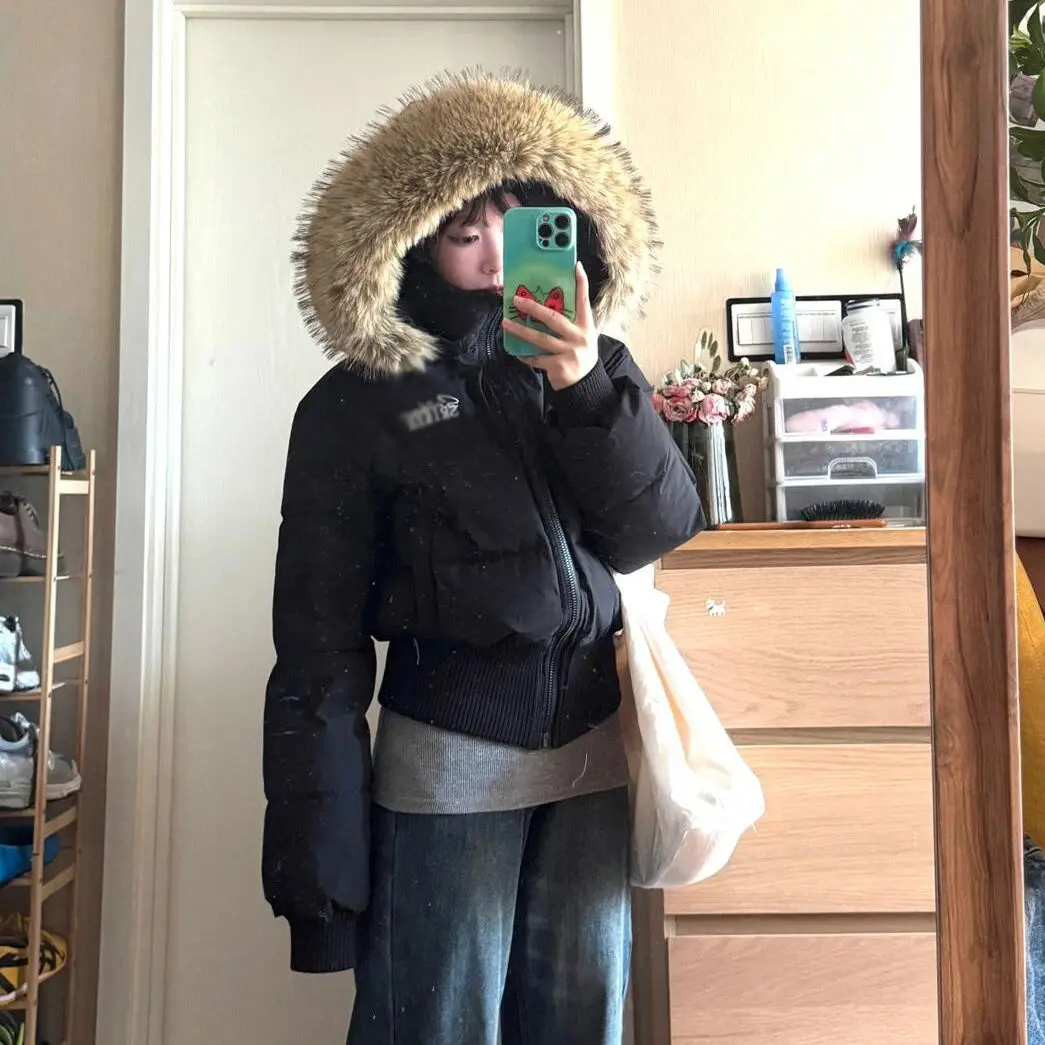 Korean Chic Slim Waist Short Parkas Y2k Harajuku Grunge Print Patchwork Fluffy Hooded Cotton Jacket Autumn Winter New Warm Top