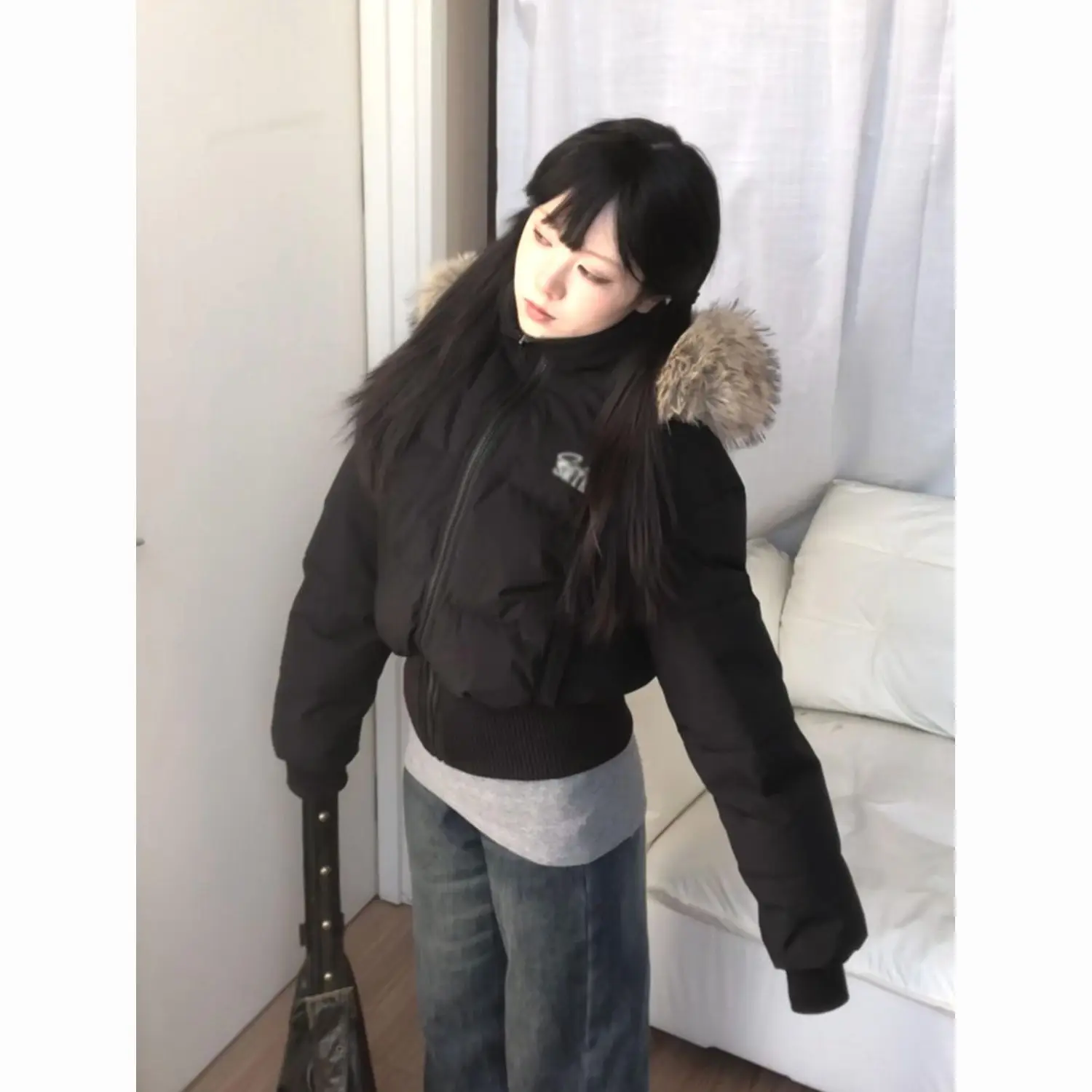 Korean Chic Slim Waist Short Parkas Y2k Harajuku Grunge Print Patchwork Fluffy Hooded Cotton Jacket Autumn Winter New Warm Top